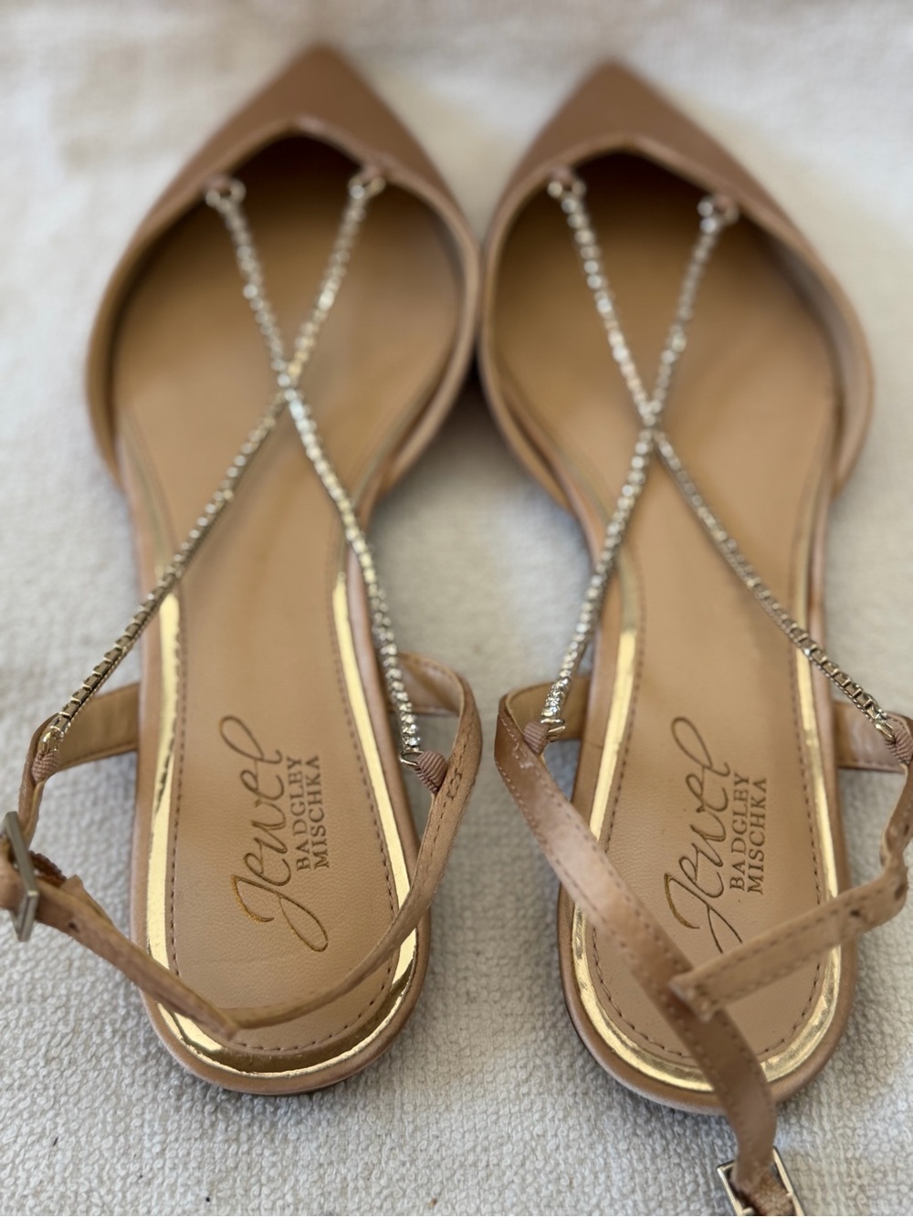 Badgley Mischka Tan Jeweled Pointed Slingback Flats
